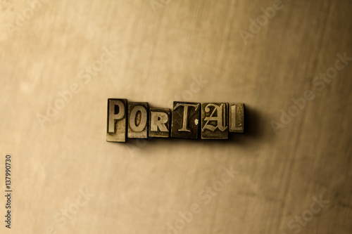 Portal Close Up Of Grungy Vintage Typeset Word On Metal Backdrop