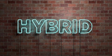 HYBRID - Fluorescent Neon Tube Sign On Brickwork - Front View - 3D Rendered Royalty Free Stock Picture. Can Be Used For Online Banner Ads And Direct Mailers..