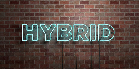 Wall Mural - HYBRID - fluorescent Neon tube Sign on brickwork - Front view - 3D rendered royalty free stock picture. Can be used for online banner ads and direct mailers..