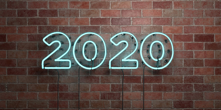 2020 - fluorescent Neon tube Sign on brickwork - Front view - 3D rendered royalty free stock picture. Can be used for online banner ads and direct mailers..