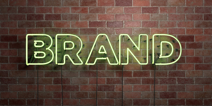 BRAND - fluorescent Neon tube Sign on brickwork - Front view - 3D rendered royalty free stock picture. Can be used for online banner ads and direct mailers..