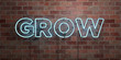 GROW - fluorescent Neon tube Sign on brickwork - Front view - 3D rendered royalty free stock picture. Can be used for online banner ads and direct mailers..