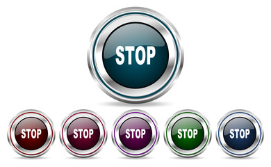 Aufkleber - Stop silver metallic web and mobile phone set of vector icons isolated on white background in eps 10.