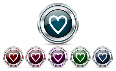 Poster - Heart silver metallic web and mobile phone set of vector icons isolated on white background in eps 10.
