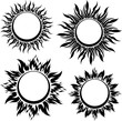 Set of decorative vector black sun symbols with long rays