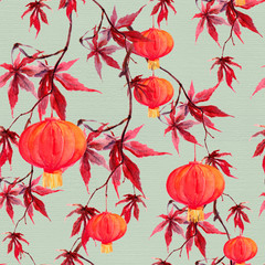 Wall Mural - Red maple branch with paper lantern. Chinese holiday seamless pattern. Watercolor