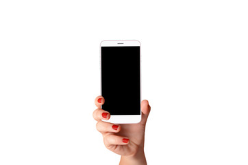 Close up view of modern smartphone in female hand. Isolated on white background