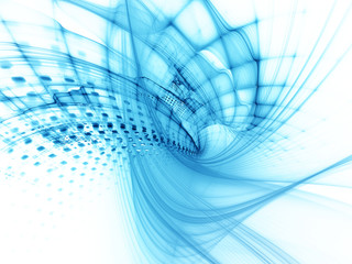 Poster - Abstract background element. Three-dimensional composition of wave shapes, grids and particles. Science and technology concept. Blue toned image.
