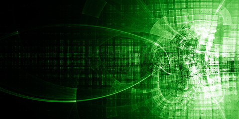 Poster - Abstract background element. Chaotic distortion of regular grid pattern. Wide format. Technology glitch concept. Green color.