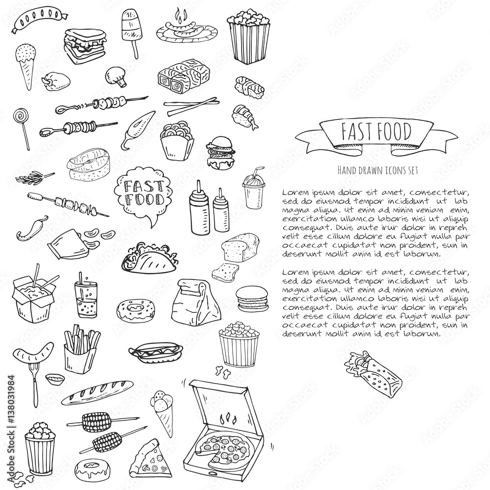 Hand drawn doodle Fast food icons set. Vector illustration. Junk food ...
