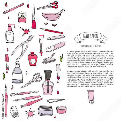 Hand drawn doodle Nail salon icons set. Vector illustration. Manicure