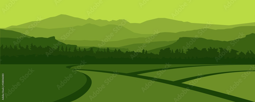 Green Landscape of Mountain Hills and Rice Field in The Village - obrazy, fototapety, plakaty 