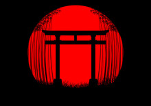 Bamboo Forest Background In The Japanese Sunrise With Black Silhouette And Japanese Gate