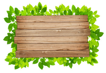 Wall Mural - Plank Wood Background with green leaves frame