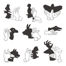 Hands Gesture Like Different Animals Imagination Theatrical Symbol And People Finger Figures Puppet Copy Leisure Shadow Silhouette Vector Illustration.
