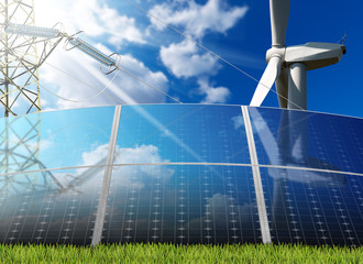 solar panels - wind turbine - power line - solar and wind energy