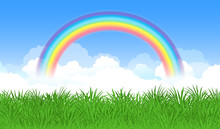 Bright Arched Rainbow With Blue Sky, Clouds And Green Grass. Vector Illustration.