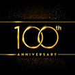 Celebrating of 100 years anniversary, logotype golden colored isolated on black background and confetti, vector design for greeting card and invitation card