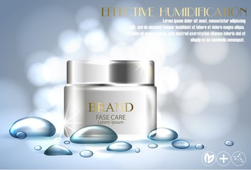 Wall Mural - water feeling detergent, face cream moisturizing effect, water bubbles on a blue background. design for care skin cosmetic products. Vector 3d realistic illustration.