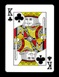 King of clubs playing card, isolated on black background.