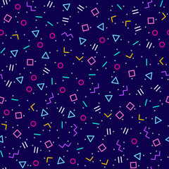 Abstract geometric dark blue background, memphis style, bright neon colors, seamless vector pattern. Different geometric shapes in tessellation