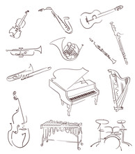 Set Of Classical Musical Instruments Made In Abstract Hand Drawn Style. Vector