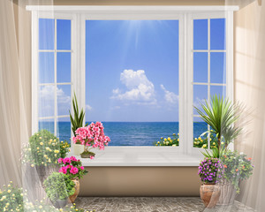 Window with color flowers, summer sea view with clouds, digital fresco