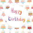 © fuzzylogickate - Watercolor hand drawn illustration pattern background with set of cute colorful cakes with candles on stands with lettering Happy Birthday poster