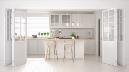 Wall Mural - Scandinavian classic kitchen with wooden and white details, minimalistic interior design