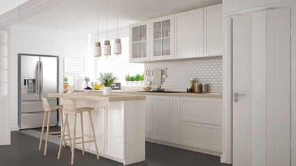 Wall Mural - Scandinavian classic kitchen with wooden and white details, minimalistic interior design