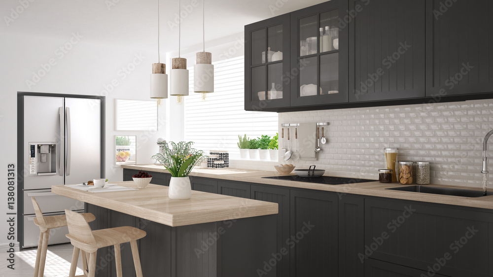 Scandinavian classic kitchen with wooden and gray details, minimalistic ...
