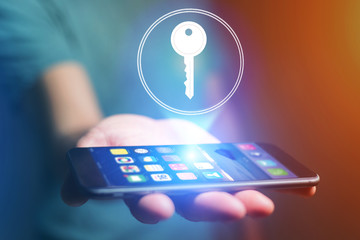 Poster - property concept with a key icon on an internet application - technology concept