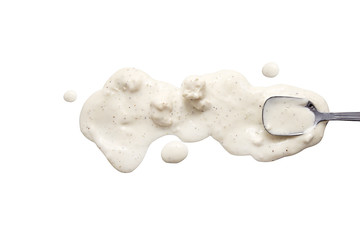 splashes and spilled blue cheese with a spoon. isolated on white background. flat lay, top view