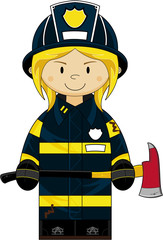 Canvas Print - Cute Cartoon Female Firefighter - Fireman