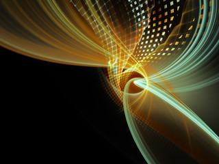 Poster - Abstract background element. Three-dimensional composition of wave shapes, grids and particles. Science and technology concept. Cyan and orange on black colors.