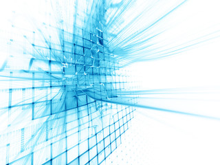 Poster - Abstract background element. Three-dimensional composition of wave shapes, grids and beams. Electronics and media concept. Blue and white colors.