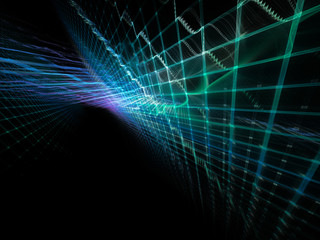 Poster - Abstract background element. Three-dimensional composition of wave shapes, grids and beams. Electronics and media concept. Blue and black colors.