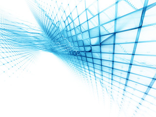 Poster - Abstract background element. Three-dimensional composition of wave shapes, grids and beams. Electronics and media concept. Blue and white colors.