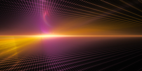 Poster - Abstract background element. Grid planes perspective. Retro sci fi style. Time and space concept. Violet and yellow colors on black.