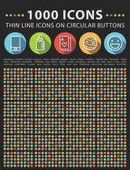 Fototapete - Set of 1000 Elegant Universal White Minimalistic Thin Line Icons on Circular Colored Buttons on Black Background