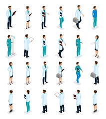 Poster - Set Trendy isometric people. Medical staff, hospital, doctor, nurse, surgeon. Physicians front view rear view, standing position isolated on white background