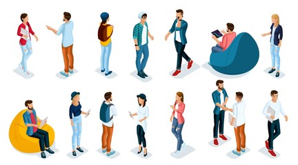 Poster - trendy isometric young people, teenagers and students. creative people in the modern hipster clothin