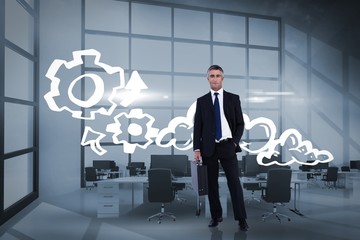 Poster - Composite image of businessman crossing finish line and cheering