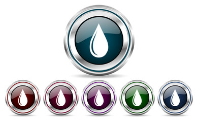 Poster - Water drop silver metallic web set of vector icons isolated on white background in eps 10.