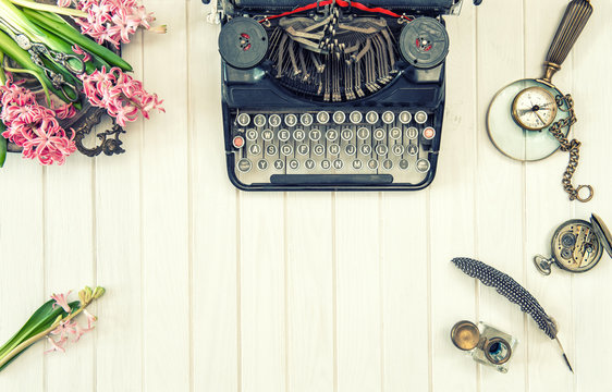Antique typewriter flowers vintage office tools retro