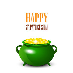 Patrick Day background with cauldron of gold coins. Vector illus