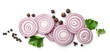 red onion and various spices on white background