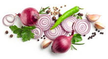 Red Onions, Garlic And Various Spices On White Background