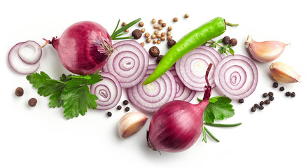 Poster - red onions, garlic and various spices on white background