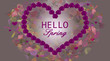 spring background with wreath of flowers in the shape of heart, purple roses, pink flower petals and hello spring text on grey background with colorful shapes